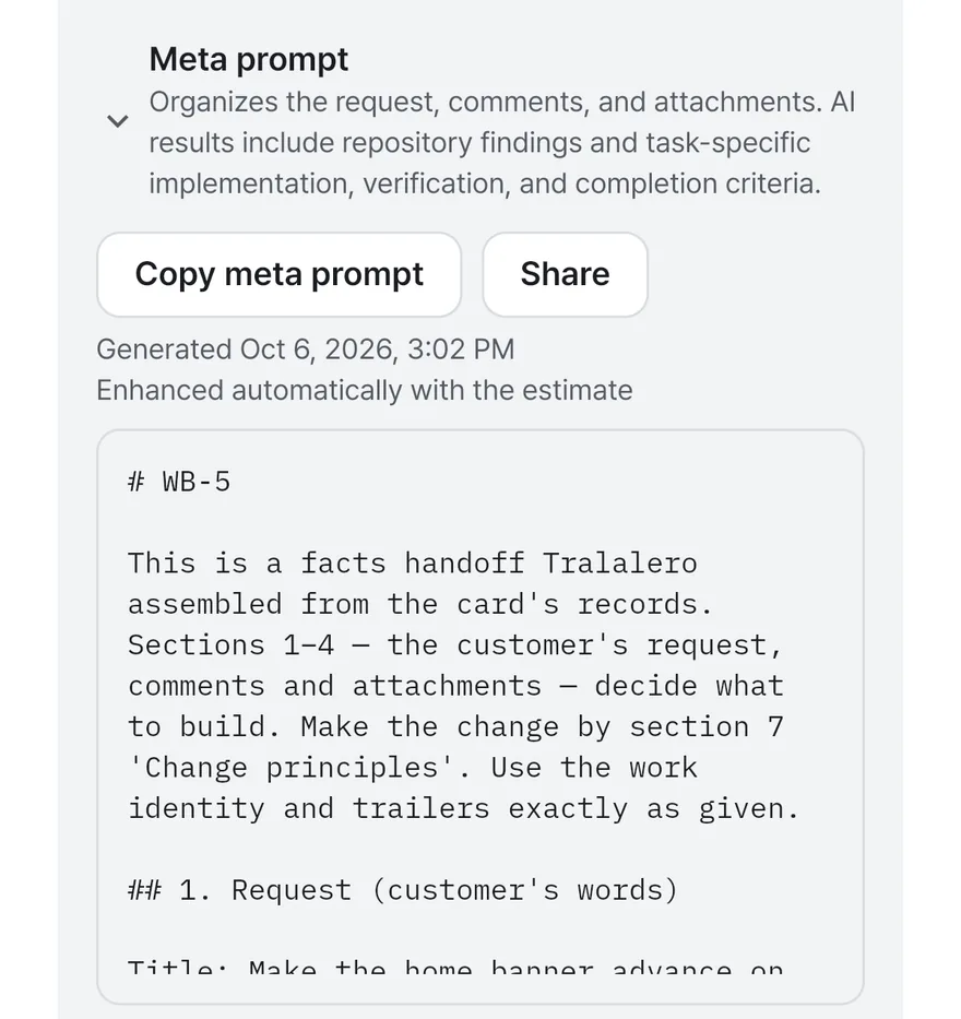 Card WB-5's meta prompt expanded, with copy and share buttons and the opening of the work brief