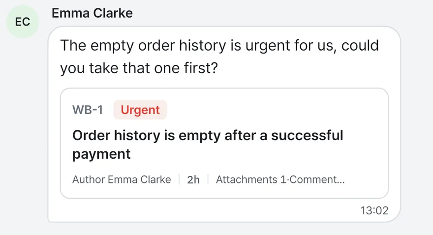 A client's chat message asking to look at the empty order history first, with task card WB-1 created from that message
