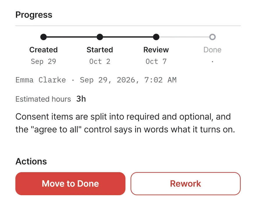 Card WB-6 in review with its 3-hour estimate and summary, plus the Move to Done and Rework buttons the client uses