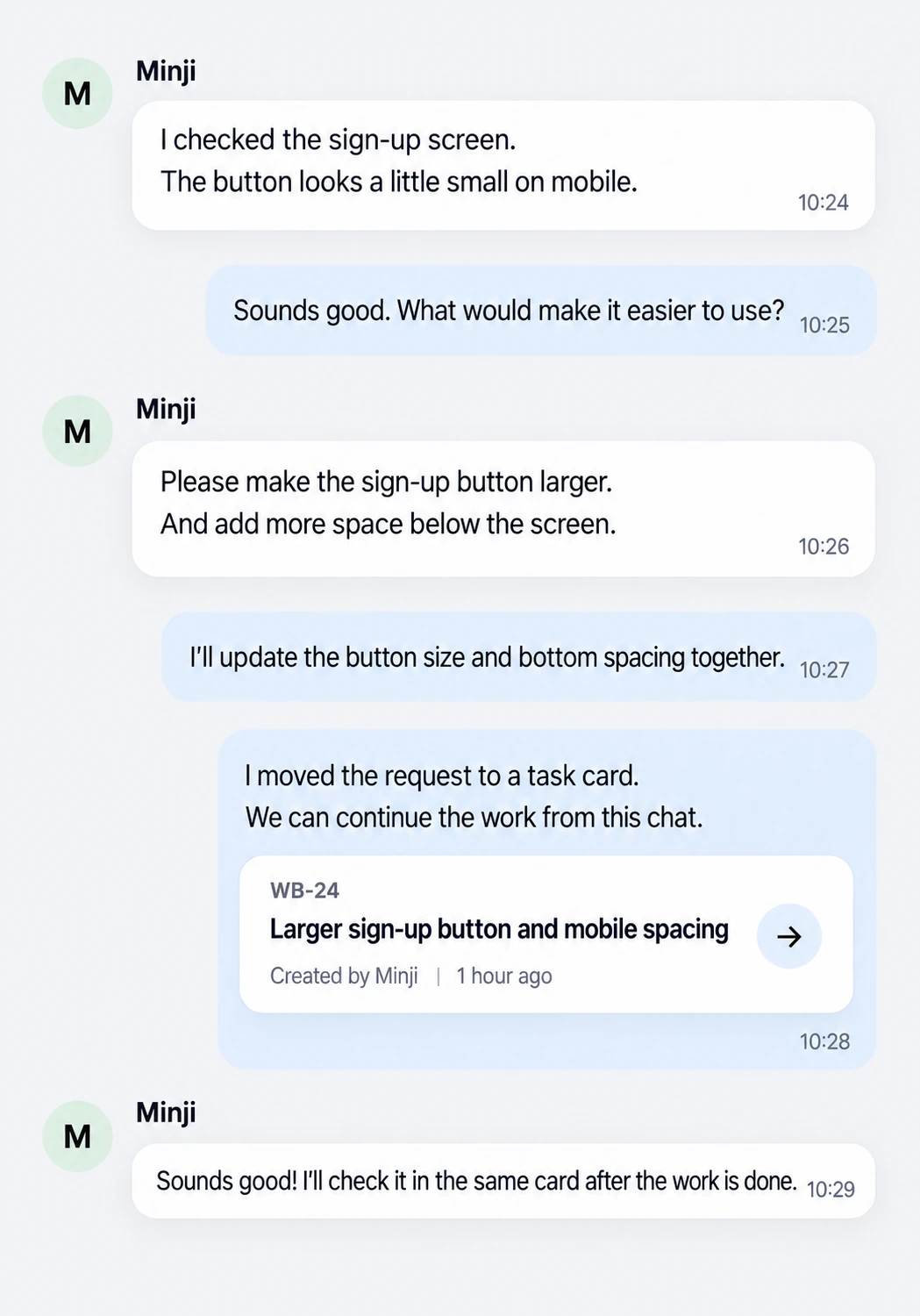 A team discussing a larger sign-up button and sharing task card WB-24 in Tralalero